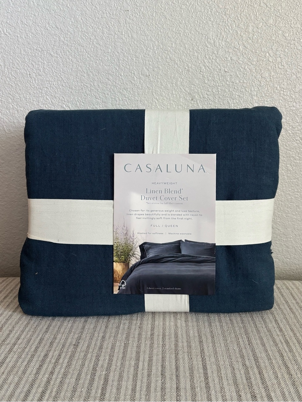 NWT Full/Queen Heavyweight Linen Blend Duvet Cover & Sham Set Dark Mineral Blue